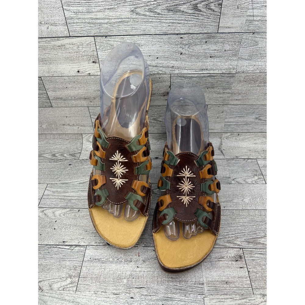 Pikolinos Women Leather Woven Embroidered Kitten Heel Slide Sandals Brown Sz 38